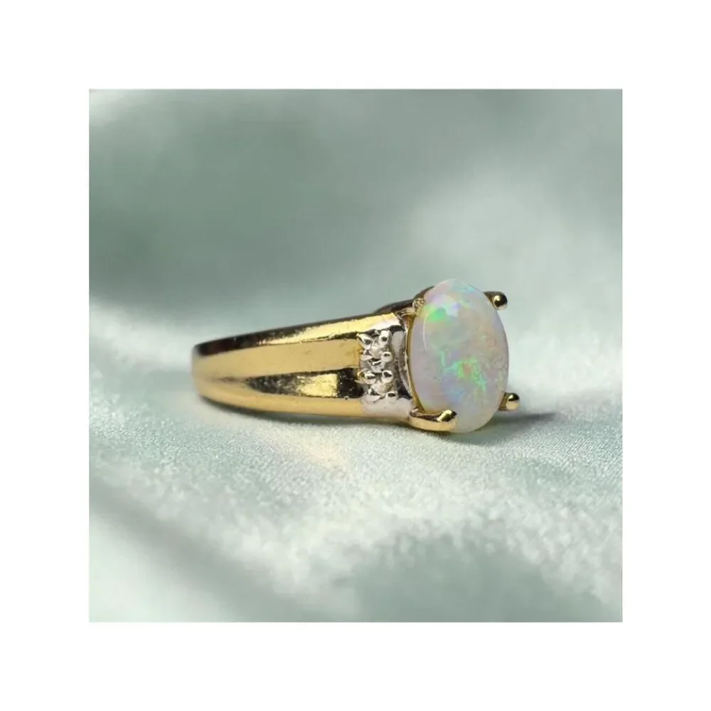 10K Gold Natural Rainbow Opal & Diamond Ring -Size 7- Australian White Opal Ring